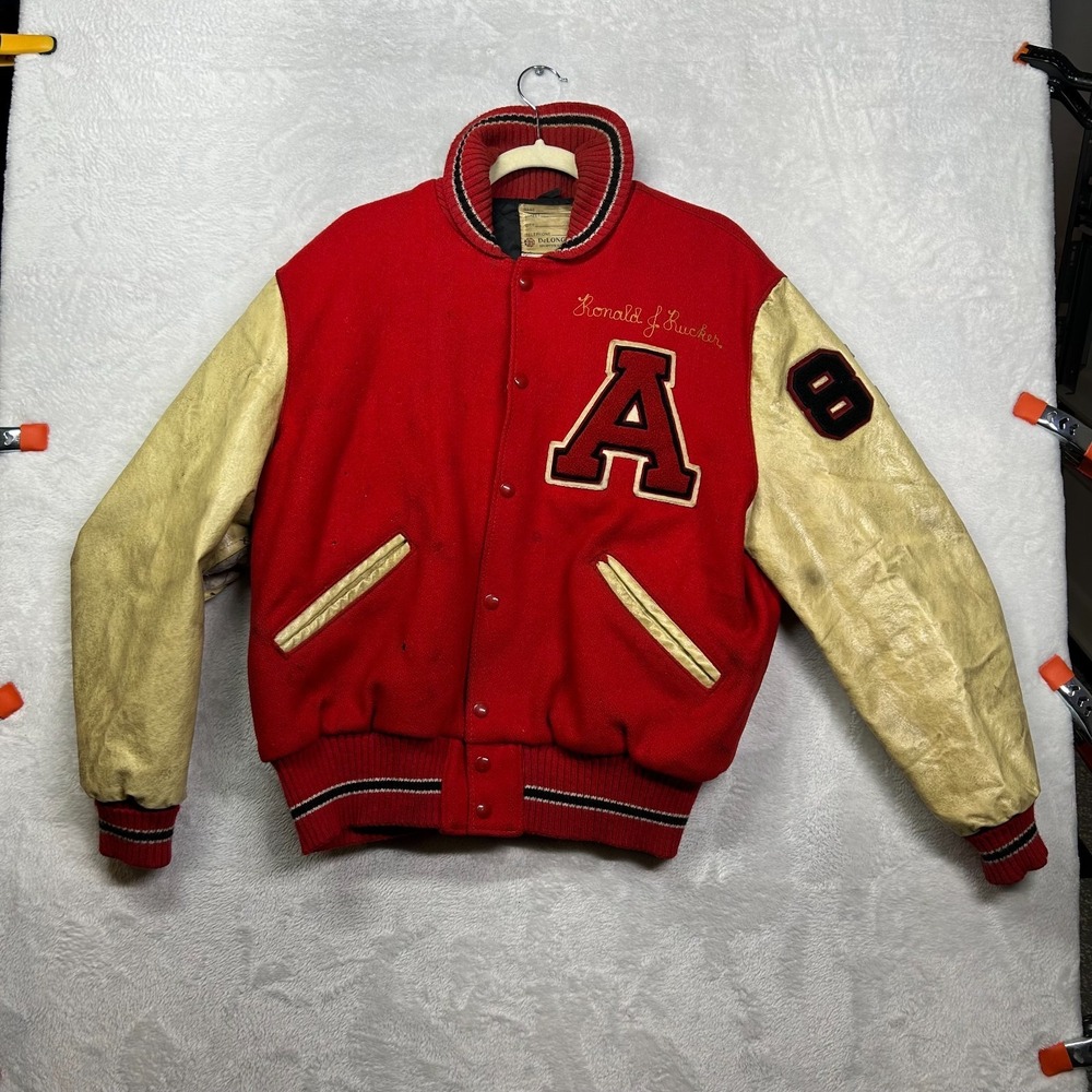 VTG Delong Varsity Letterman Jacket Men's A Patch Leather‎ Sleeves USA Made - 44